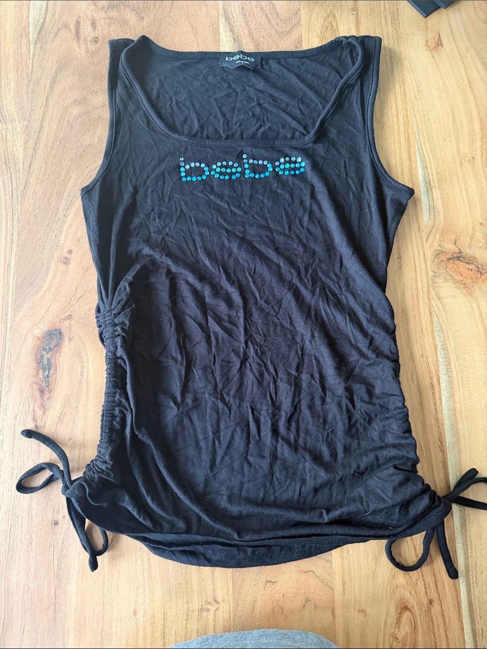 bebe Black Tank with Teal Crystal Logo and Side Ruched Ties